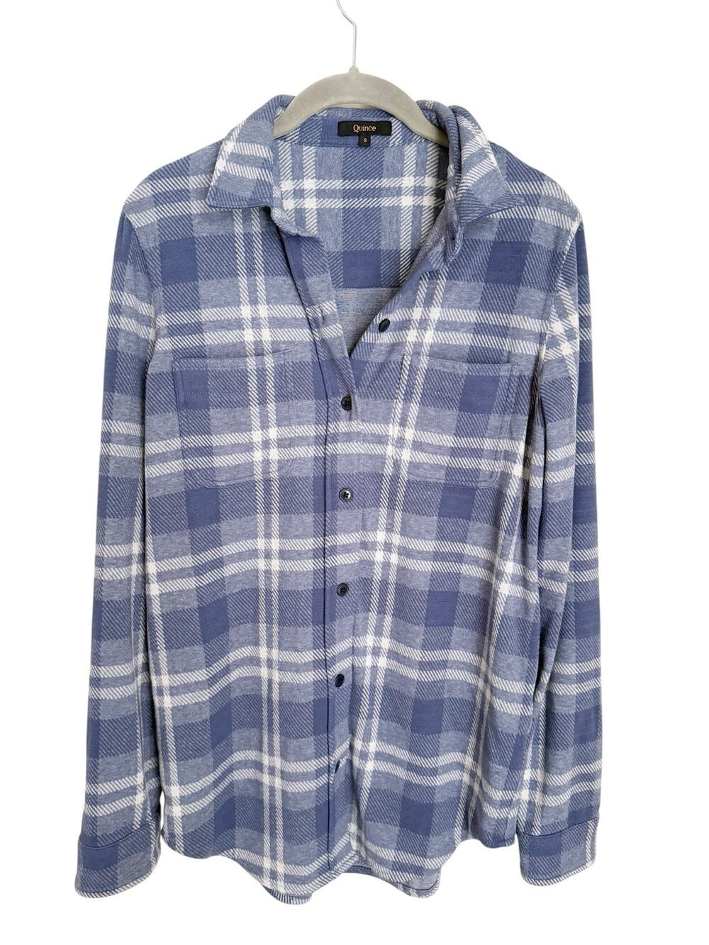 Quince Stretch Sweater Fleece Shirt Indigo Check Women’s Small High-Low Hem Blue